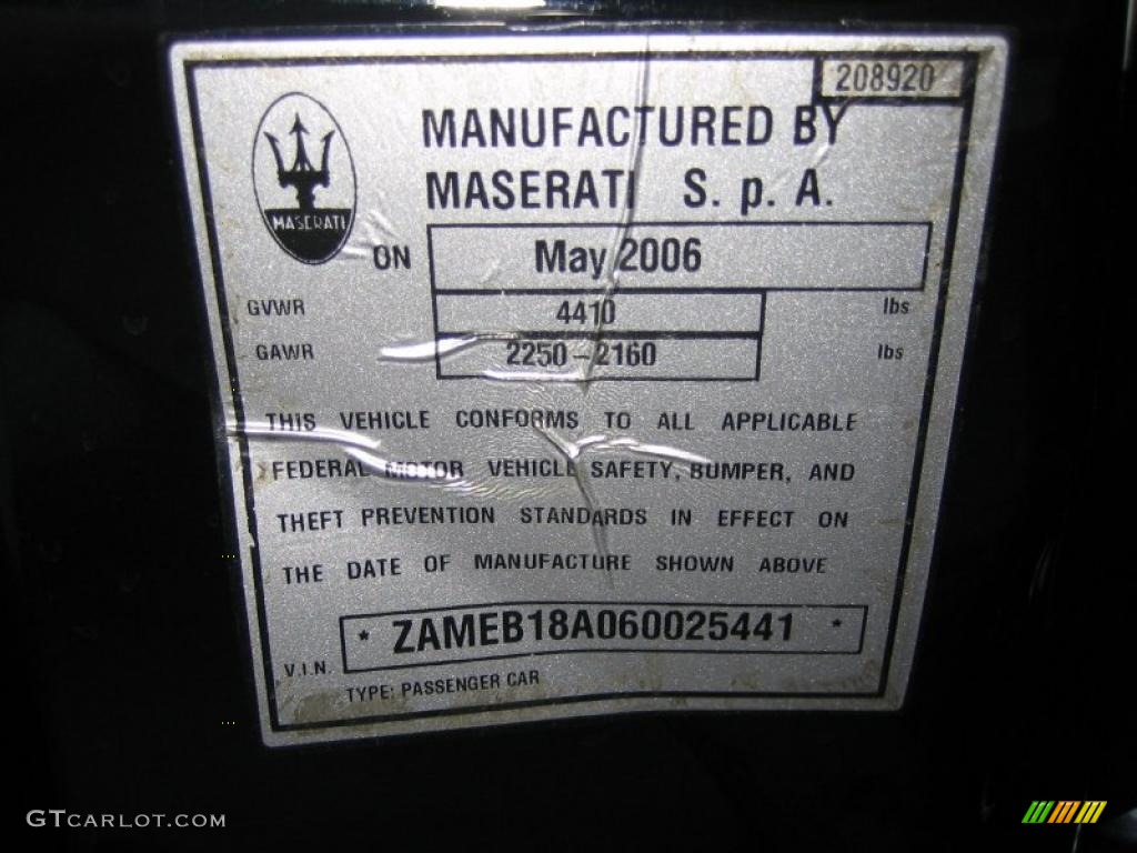 2006 Maserati GranSport Spyder Info Tag Photo #46661798