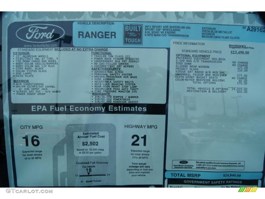 2011 Ranger Sport SuperCab - Vista Blue Metallic / Medium Dark Flint photo #8