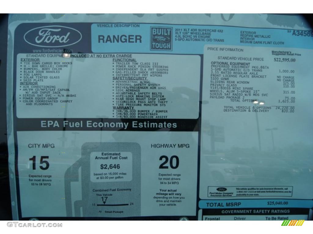 2011 Ford Ranger XLT SuperCab Window Sticker Photo #46674350