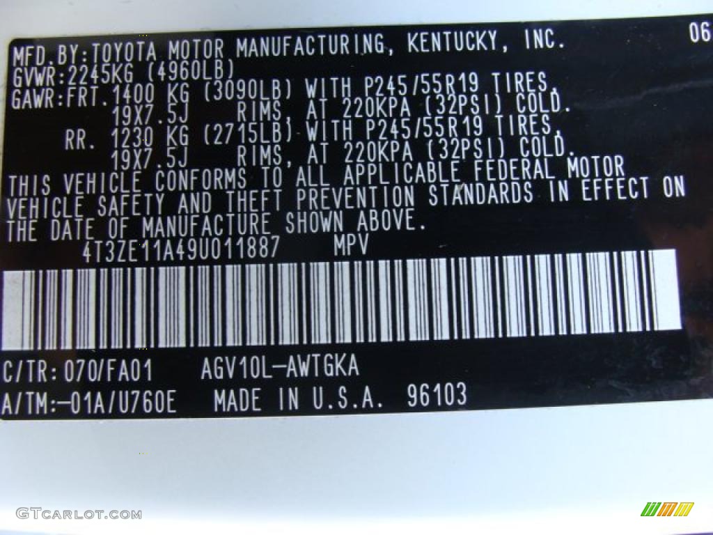 2009 Venza Color Code 070 for Blizzard Pearl Photo #46701789