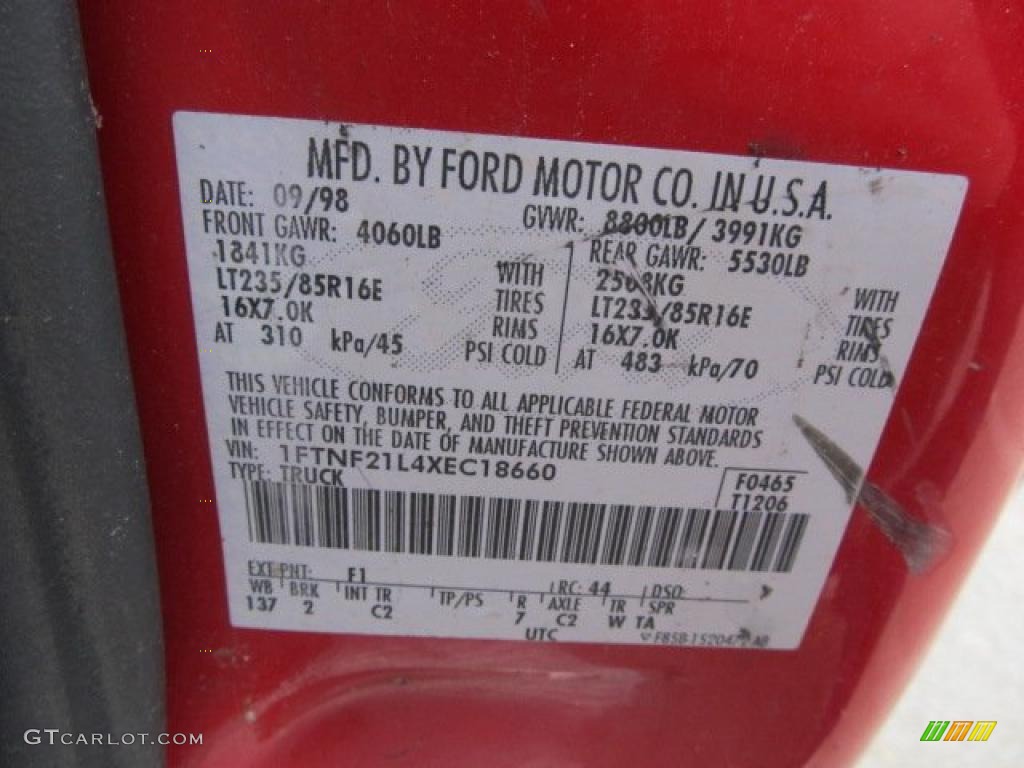 1999 F250 Super Duty Color Code F1 for Red Photo #46721289