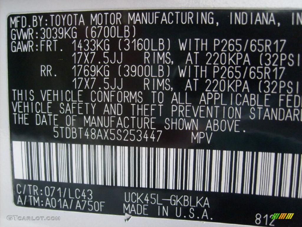 2005 Toyota Sequoia Limited 4WD Color Code Photos