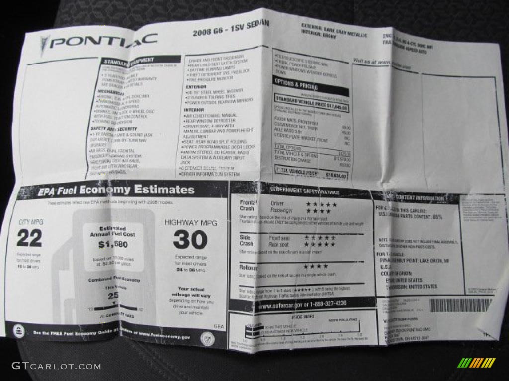 2008 Pontiac G6 Value Leader Sedan Window Sticker Photo #46727439
