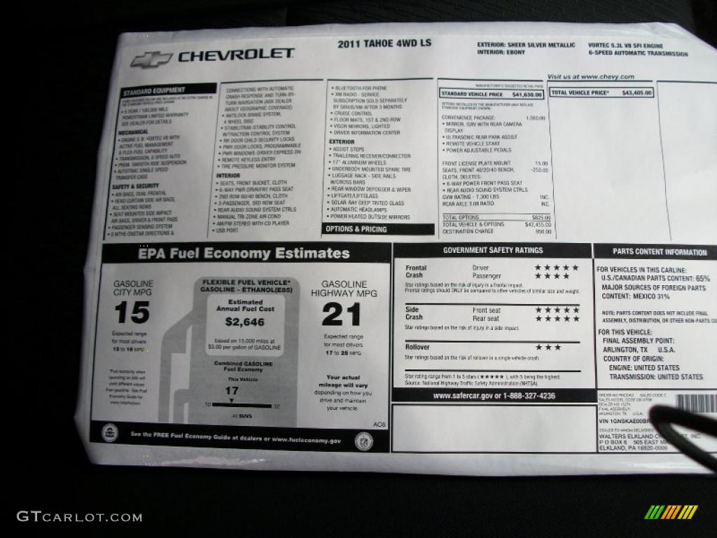 2011 Chevrolet Tahoe LS 4x4 Window Sticker Photo #46734358