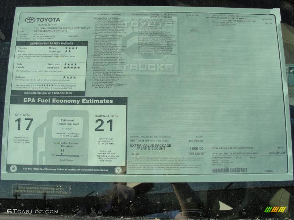 2011 Toyota Tacoma V6 SR5 PreRunner Double Cab Window Sticker Photo #46746824