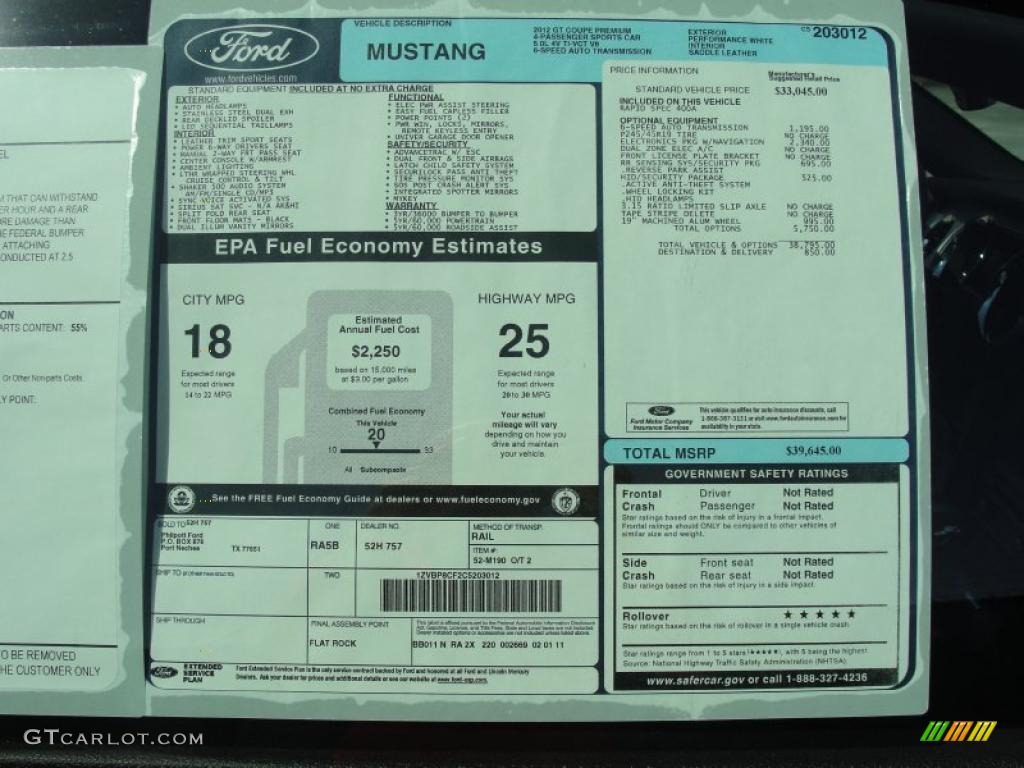 2012 Ford Mustang GT Premium Coupe Window Sticker Photo #46747043