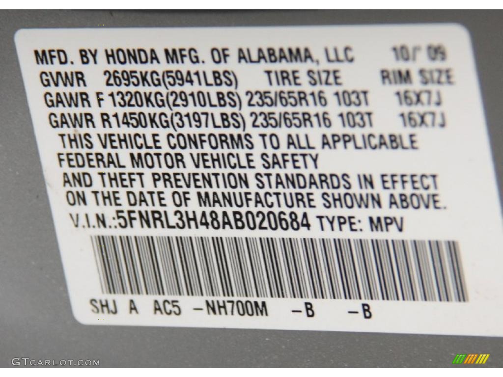 2010 Odyssey Color Code NH700M for Alabaster Silver Metallic Photo #46766562