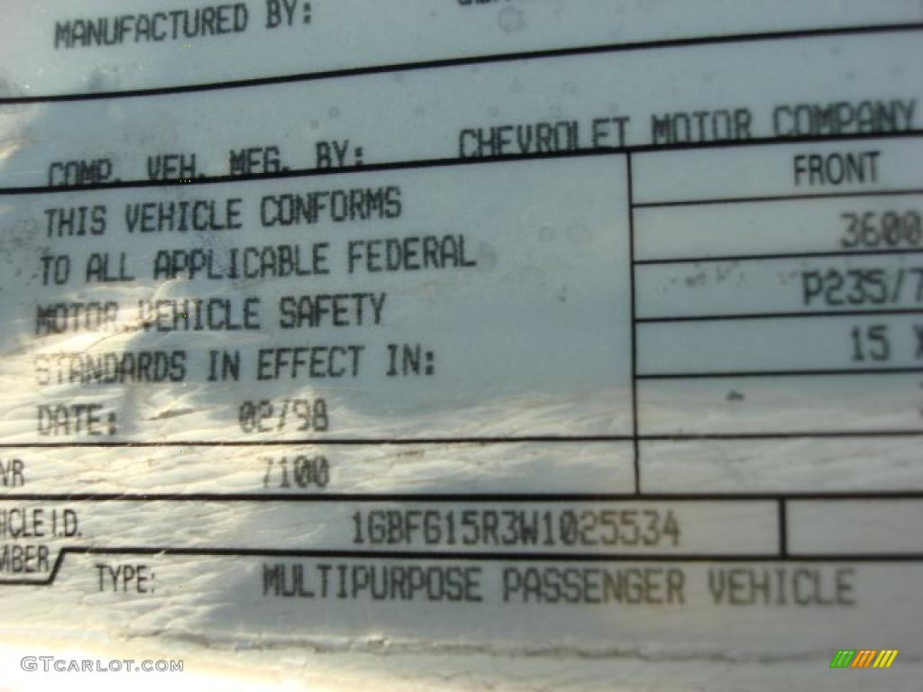 1998 Chevrolet Chevy Van G10 Passenger Conversion Info Tag Photo #46770768