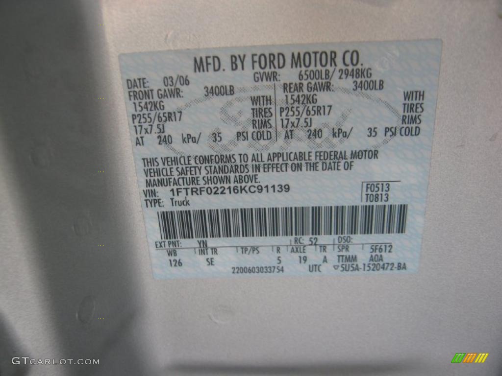 2006 F150 Color Code YN for Silver Metallic Photo #46778241