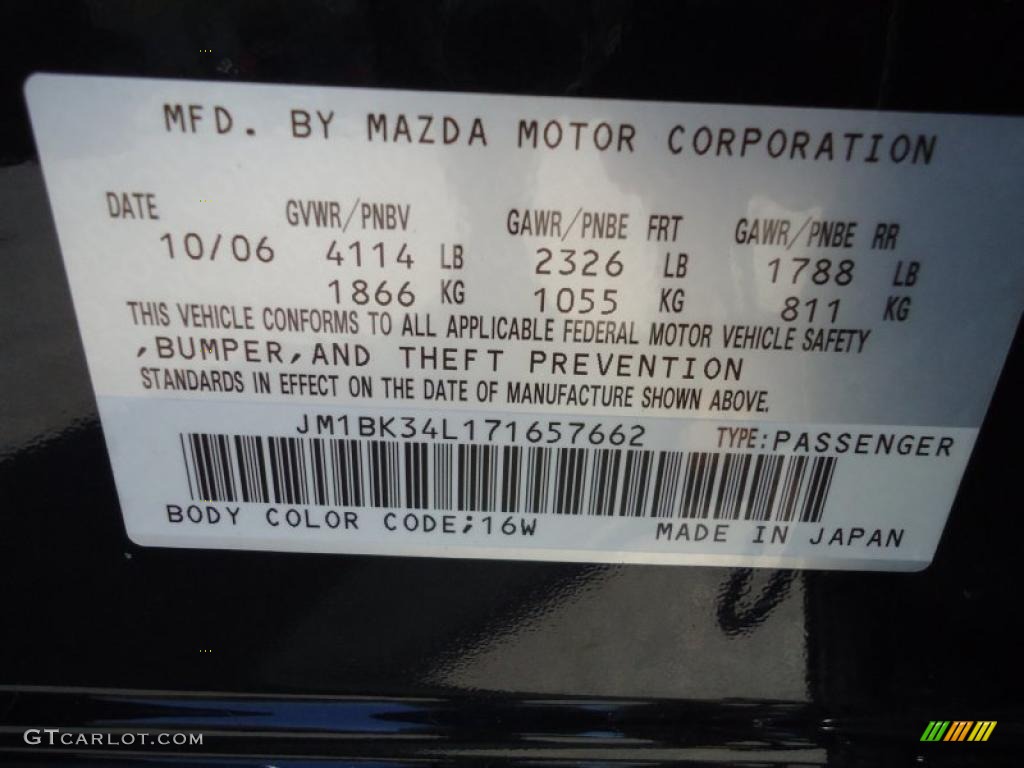 2007 MAZDA3 Color Code 16W for Black Mica Photo #46791537