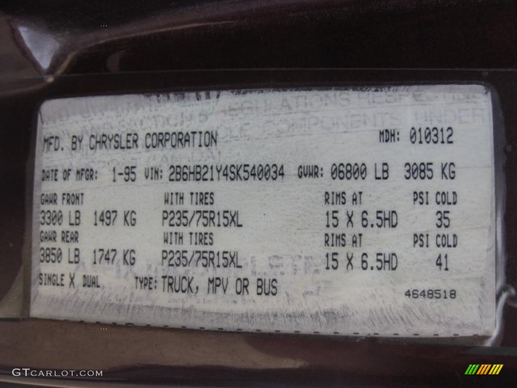 1995 Dodge Ram Van 2500 Passenger Conversion Info Tag Photos