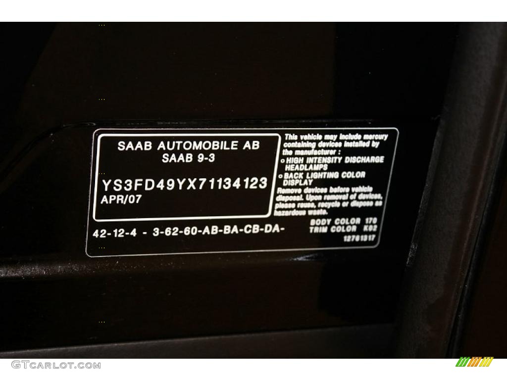 2007 Saab 9-3 2.0T Sport Sedan Info Tag Photos