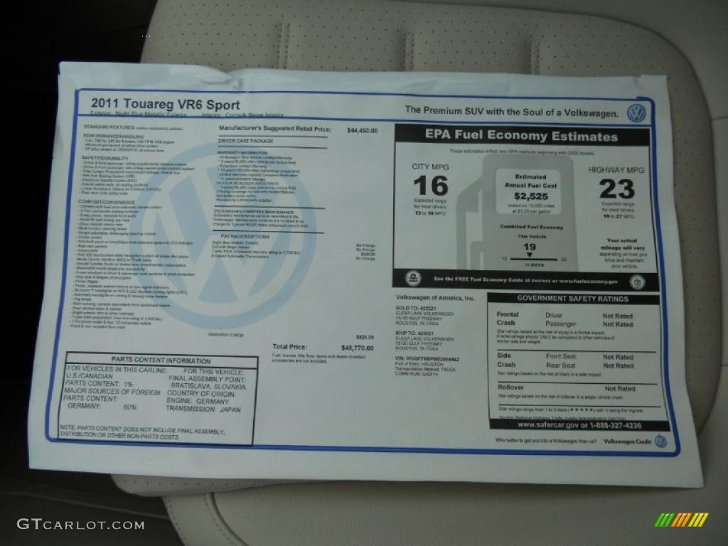 2011 Volkswagen Touareg VR6 FSI Sport 4XMotion Window Sticker Photo #46851393