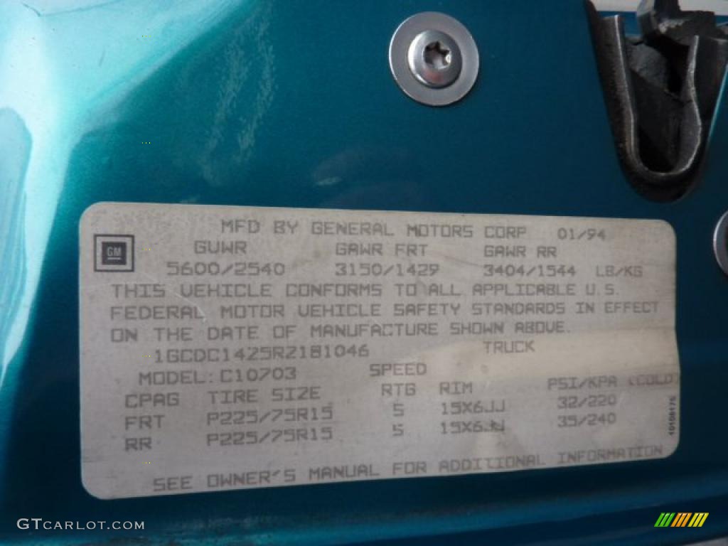 1994 Chevrolet C/K C1500 Regular Cab Info Tag Photo #46852704