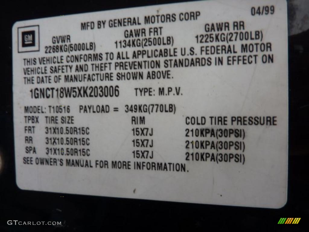 1999 Chevrolet Blazer LS 4x4 Info Tag Photo #46852905