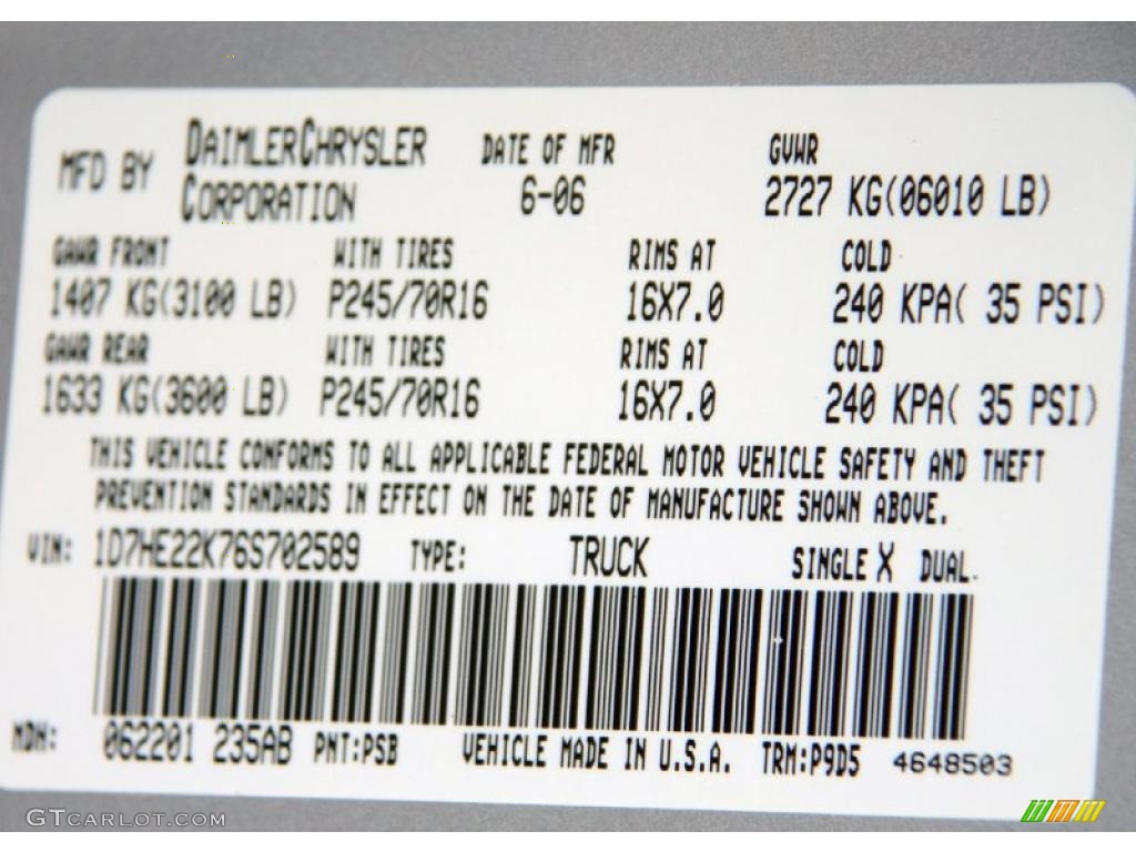 2006 Dodge Dakota ST Club Cab Color Code Photos
