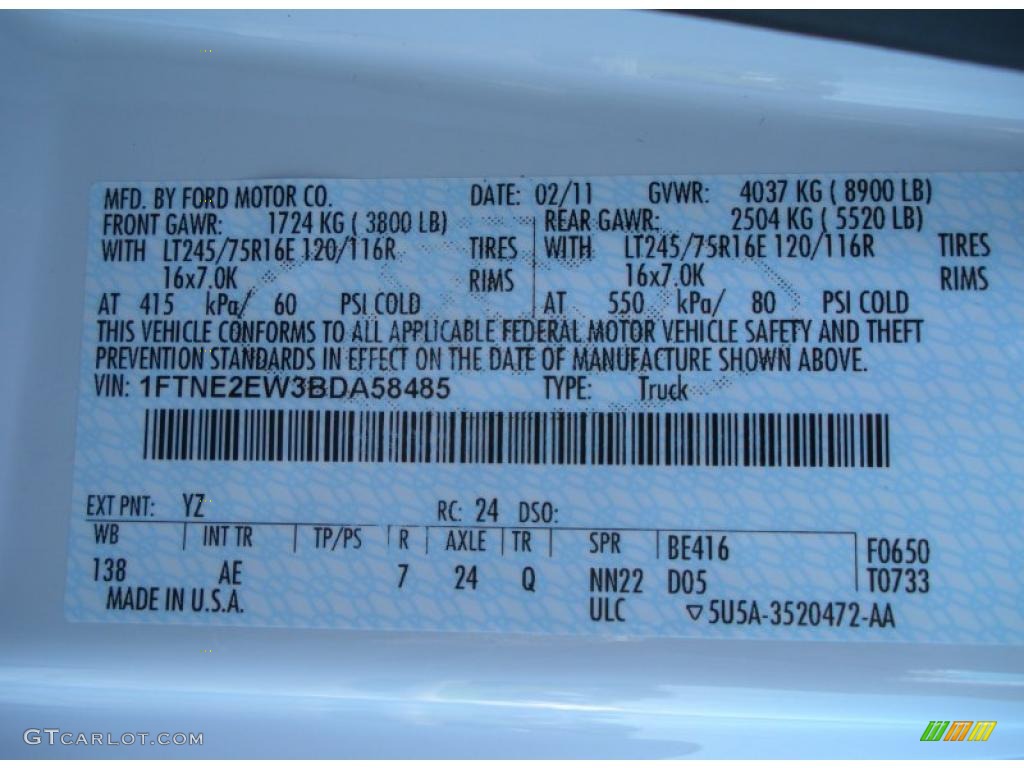 2011 E Series Van Color Code YZ for Oxford White Photo #46880600