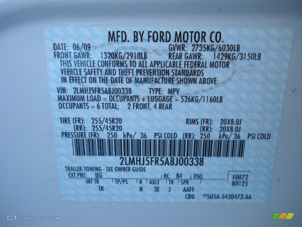 2010 MKT Color Code UG for White Platinum Metallic Tri-Coat Photo #46884428