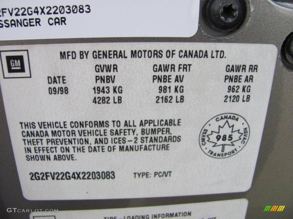 1999 Pontiac Firebird Formula Coupe Info Tag Photo #46906873