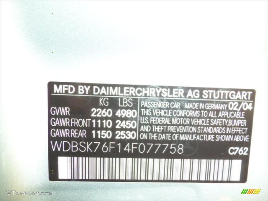 2004 SL Color Code 762 for Diamond Silver Metallic Photo #46919354