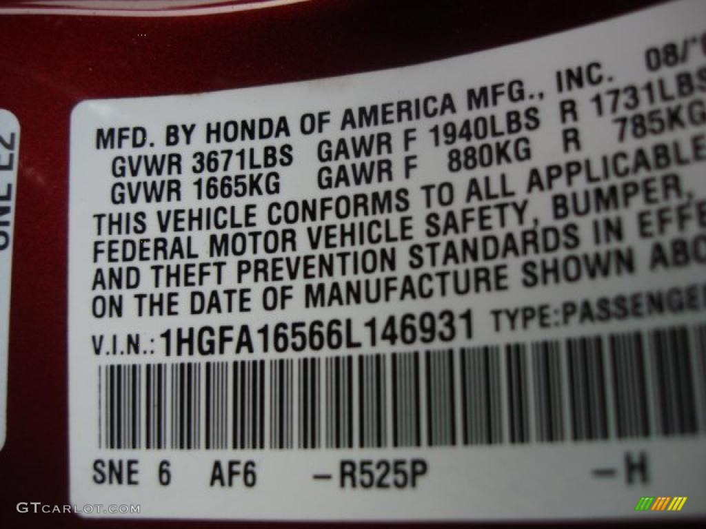 2006 Civic Color Code R525P for Tango Red Pearl Photo #46939485