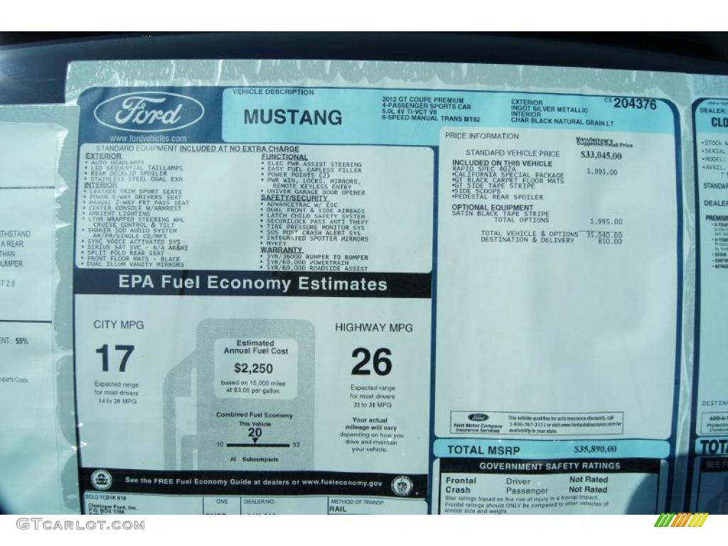 2012 Ford Mustang C/S California Special Coupe Window Sticker Photo #46943241