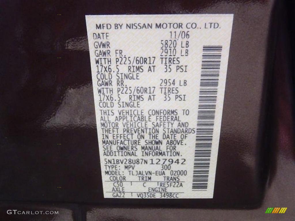 2007 Nissan Quest 3.5 SE Color Code Photos