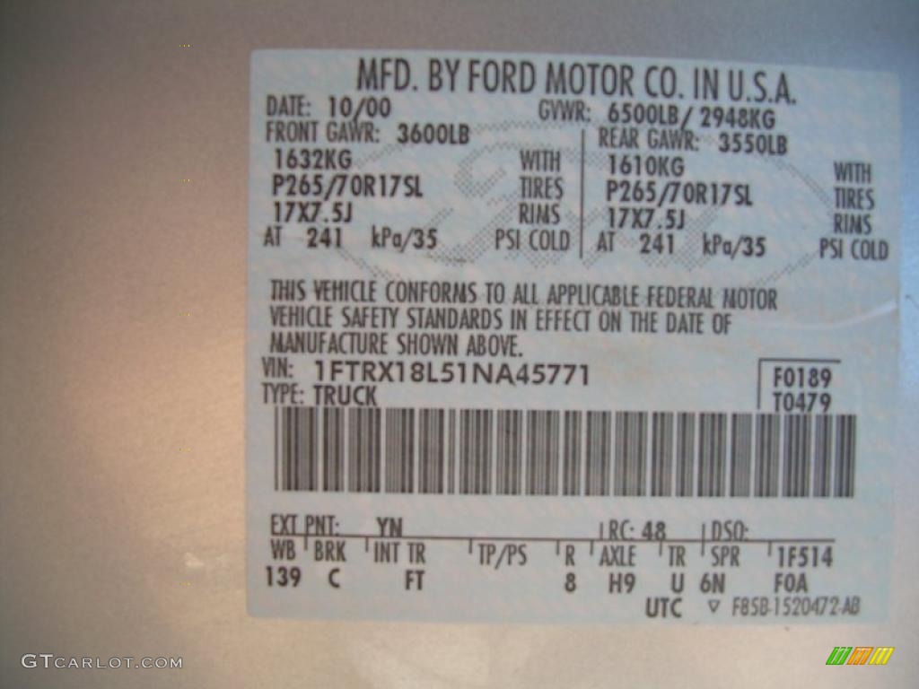 2001 F150 Color Code YN for Silver Metallic Photo #46948035