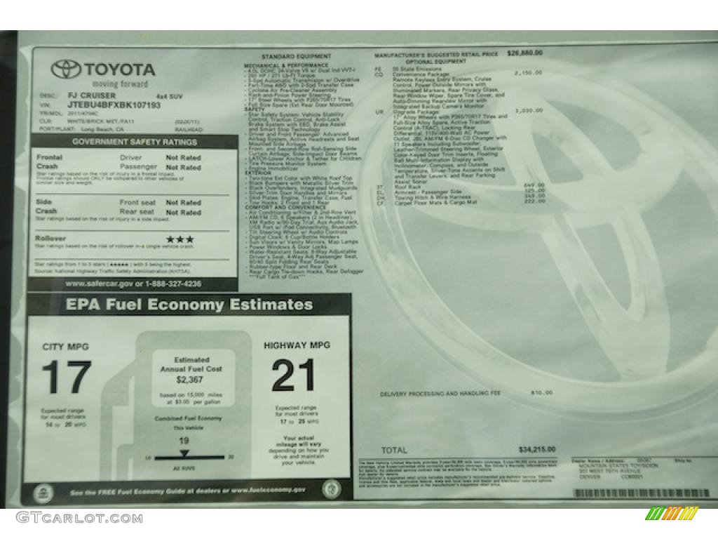 2011 Toyota FJ Cruiser 4WD Window Sticker Photo #46957989