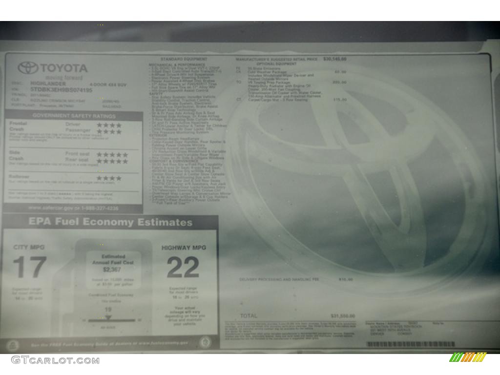 2011 Toyota Highlander V6 4WD Window Sticker Photos