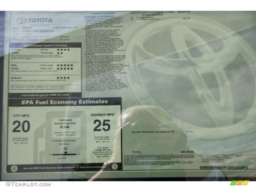 2011 Toyota Venza I4 AWD Window Sticker Photo #46958643