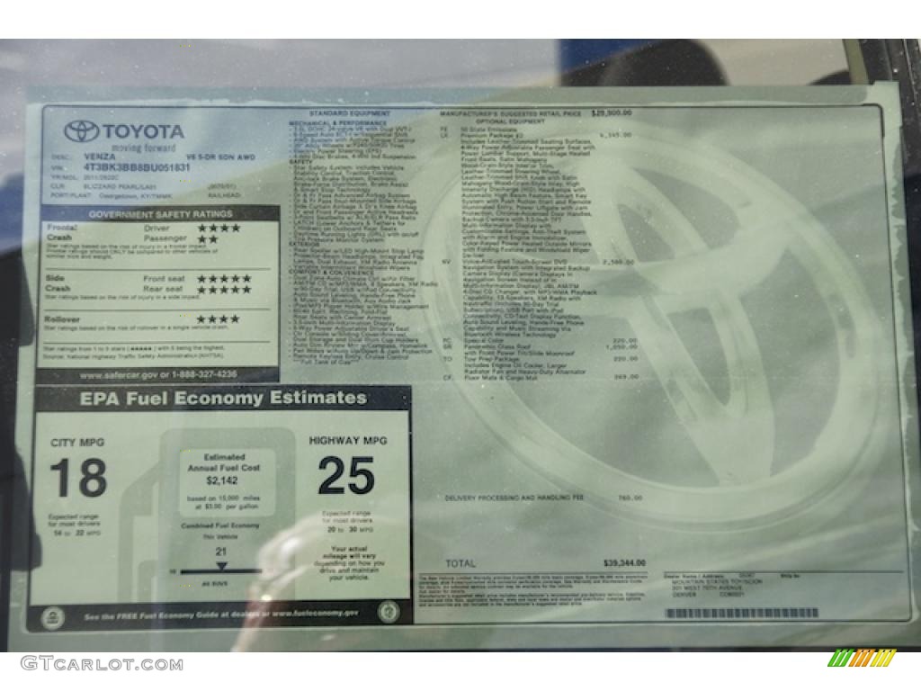 2011 Toyota Venza V6 AWD Window Sticker Photo #46958985