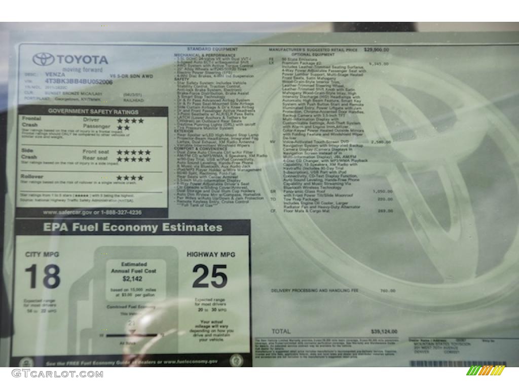 2011 Toyota Venza V6 AWD Window Sticker Photos