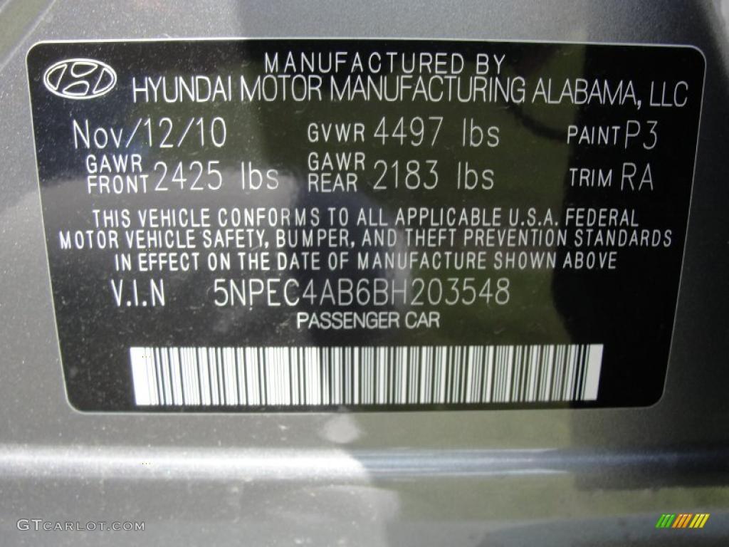 2011 Sonata Color Code P3 for Harbor Gray Metallic Photo #46973100