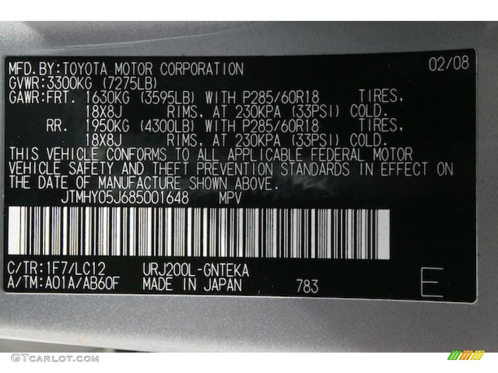 2008 Land Cruiser Color Code 1F7 for Classic Silver Metallic Photo #46974186