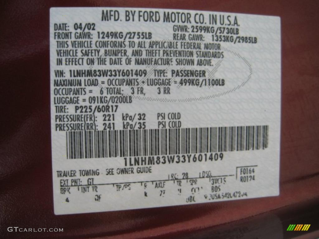 2003 Town Car Color Code GT for Autumn Red Metallic Photo #46976586