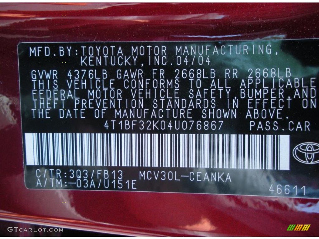 2004 Camry Color Code 3Q3 for Salsa Red Pearl Photo #46991085