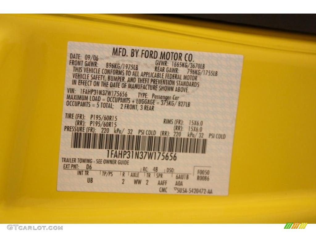 2007 Focus Color Code D6 for Screaming Yellow Photo #47010705