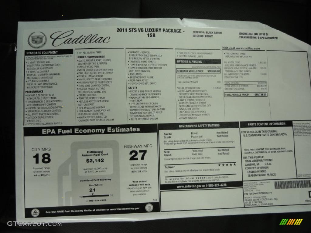 2011 Cadillac STS V6 Luxury Window Sticker Photos