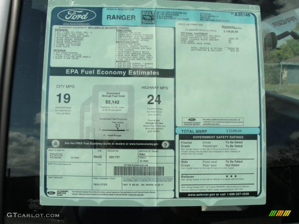 2011 Ford Ranger XL SuperCab Window Sticker Photos