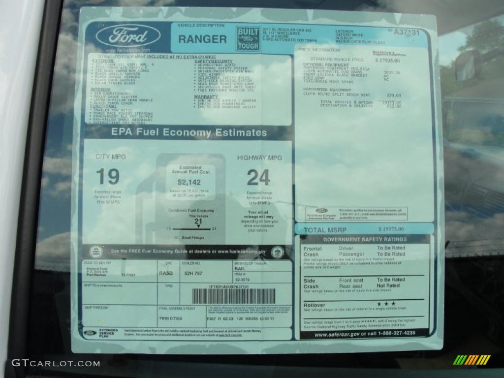2011 Ford Ranger XL Regular Cab Window Sticker Photo #47029086