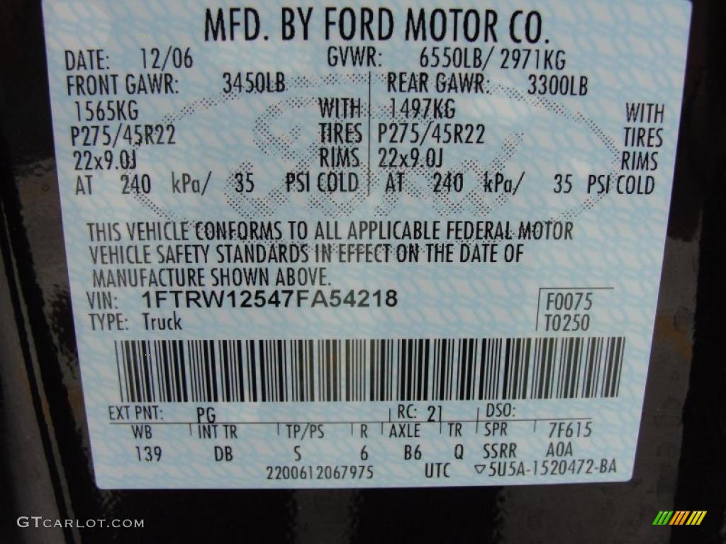 2007 Ford F150 Harley-Davidson SuperCrew Color Code Photos