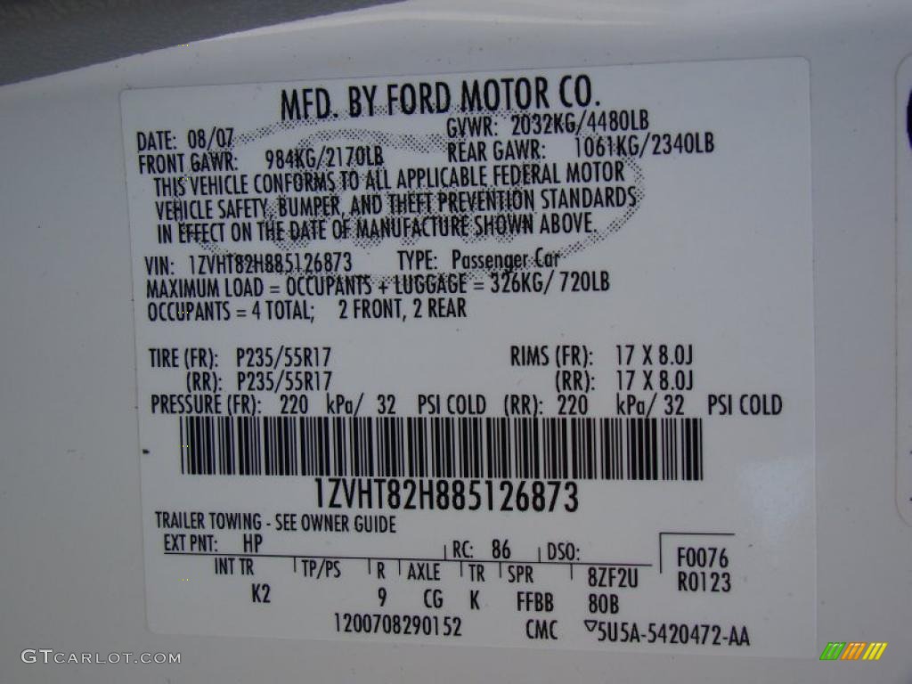 2008 Mustang Color Code HP for Performance White Photo #47045730