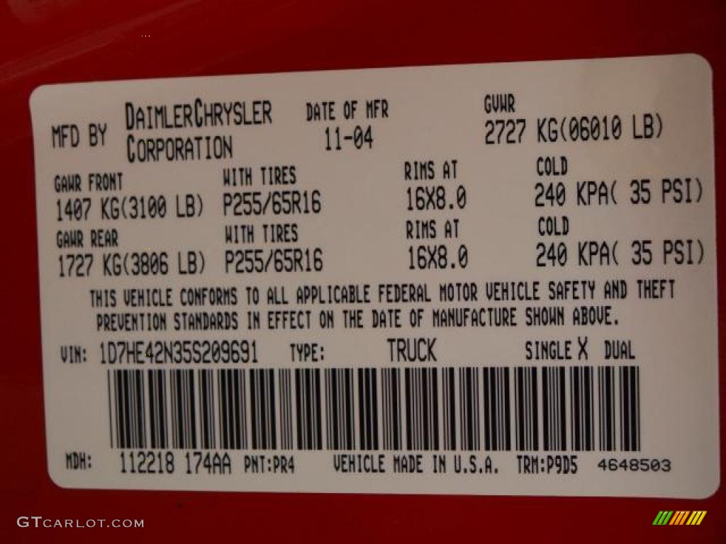 2005 Dakota Color Code PR4 for Flame Red Photo #47046831