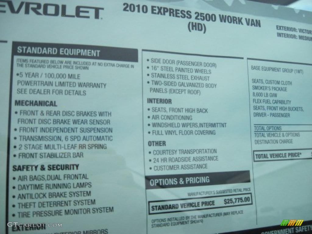 2010 Chevrolet Express 2500 Work Van Window Sticker Photo #47053770