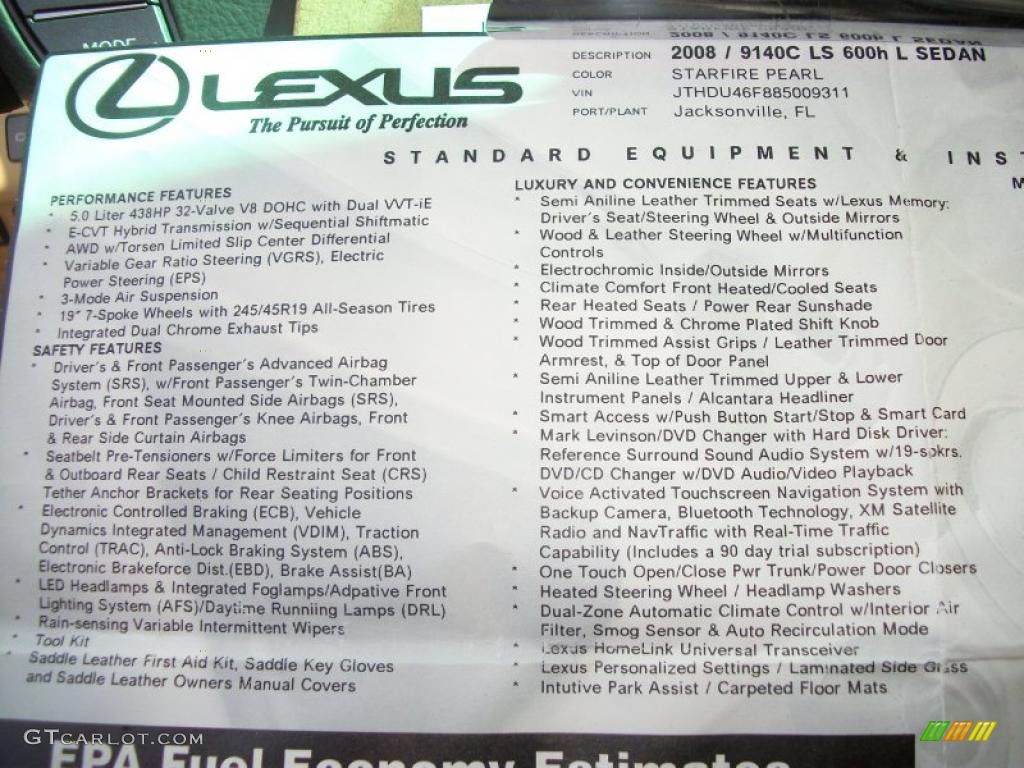 2008 Lexus LS 600h L Hybrid Window Sticker Photo #47056564