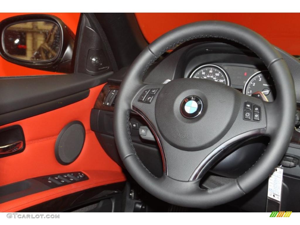 2011 BMW 3 Series 335i Convertible Coral Red/Black Dakota Leather Steering Wheel Photo #47059952