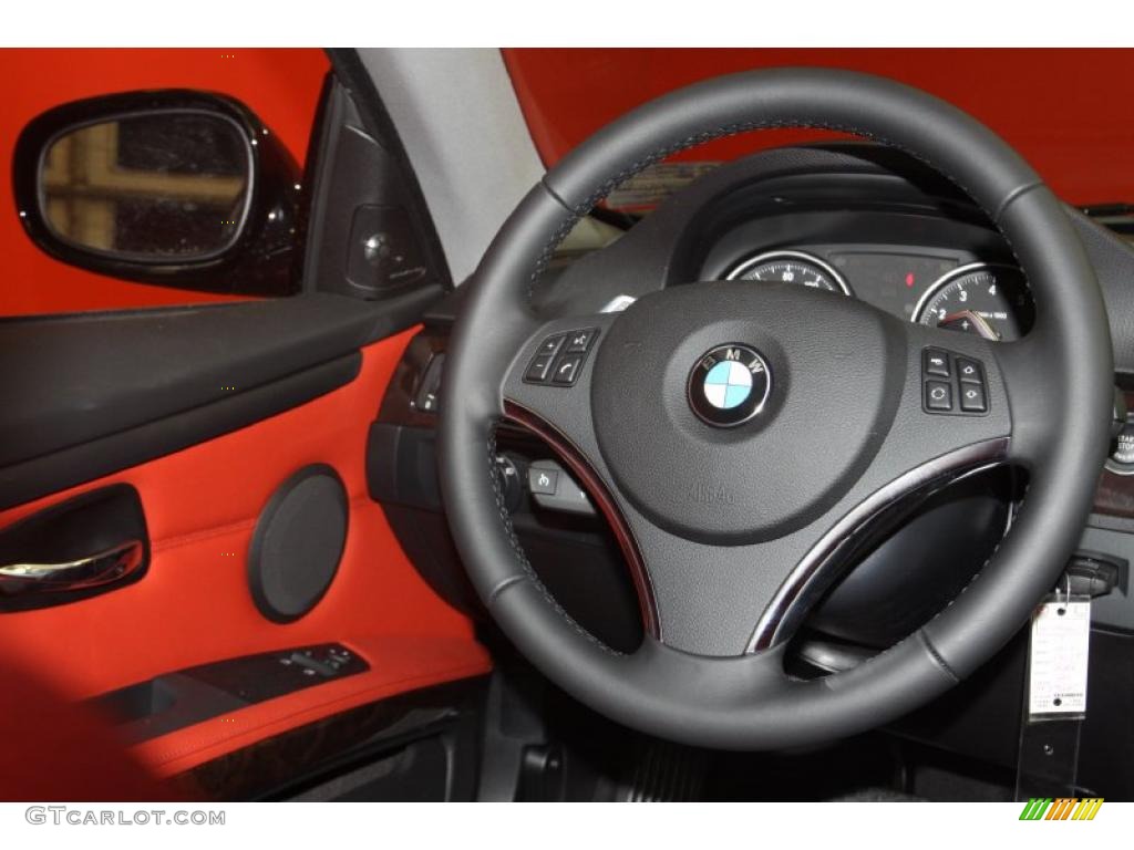 2011 BMW 3 Series 335i Coupe Coral Red/Black Dakota Leather Steering Wheel Photo #47060315