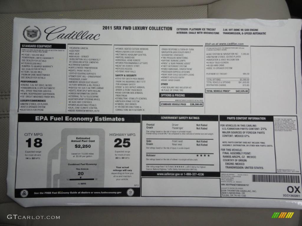 2011 Cadillac SRX FWD Window Sticker Photo #47066339
