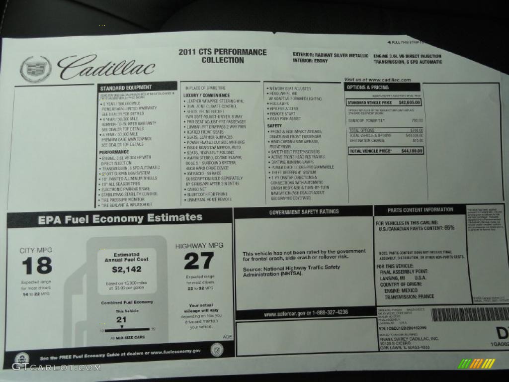 2011 Cadillac CTS Coupe Window Sticker Photo #47066633